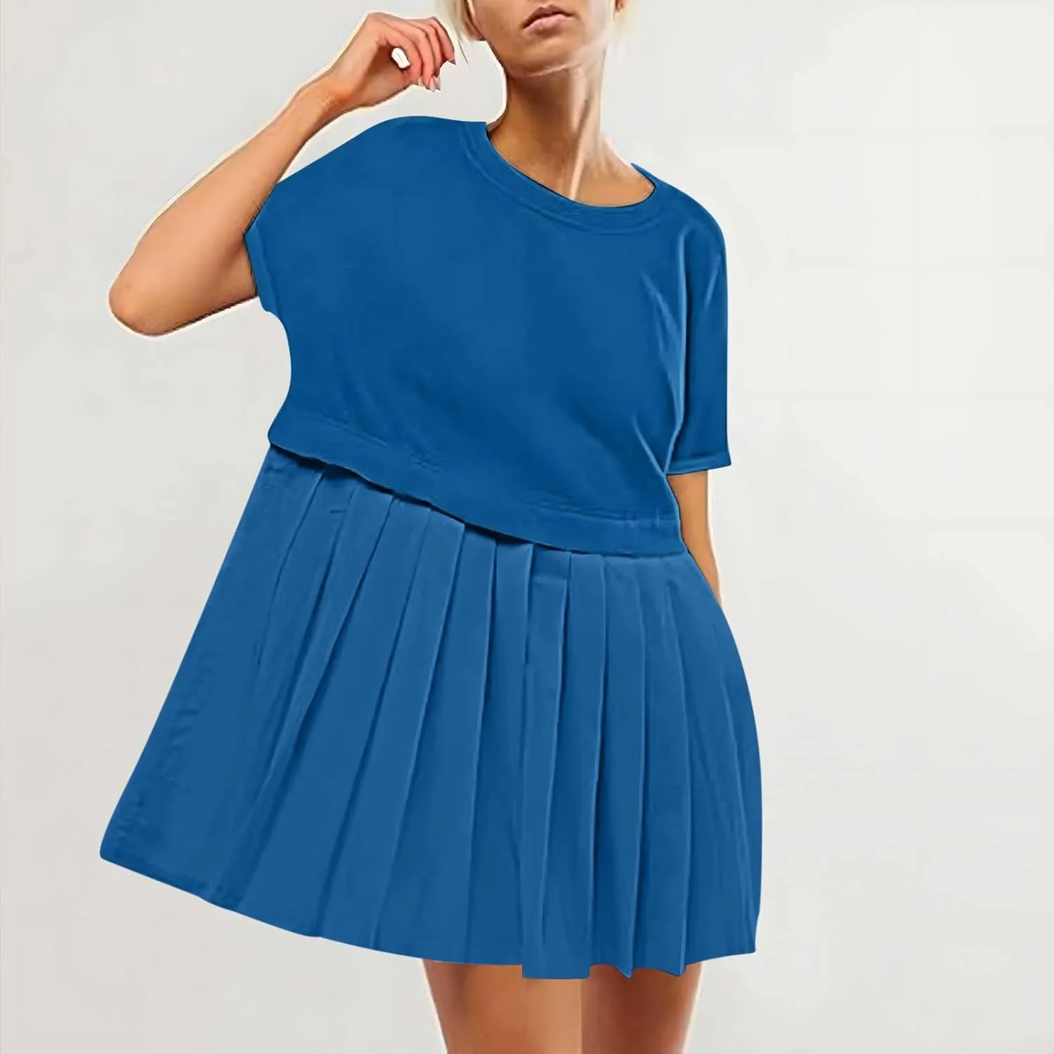 Womens Solid Cute Pleated Dress Patchwork Casual Short Sleeve Blouse Loose Oversized Summer Mini Dress Shirt Dress
