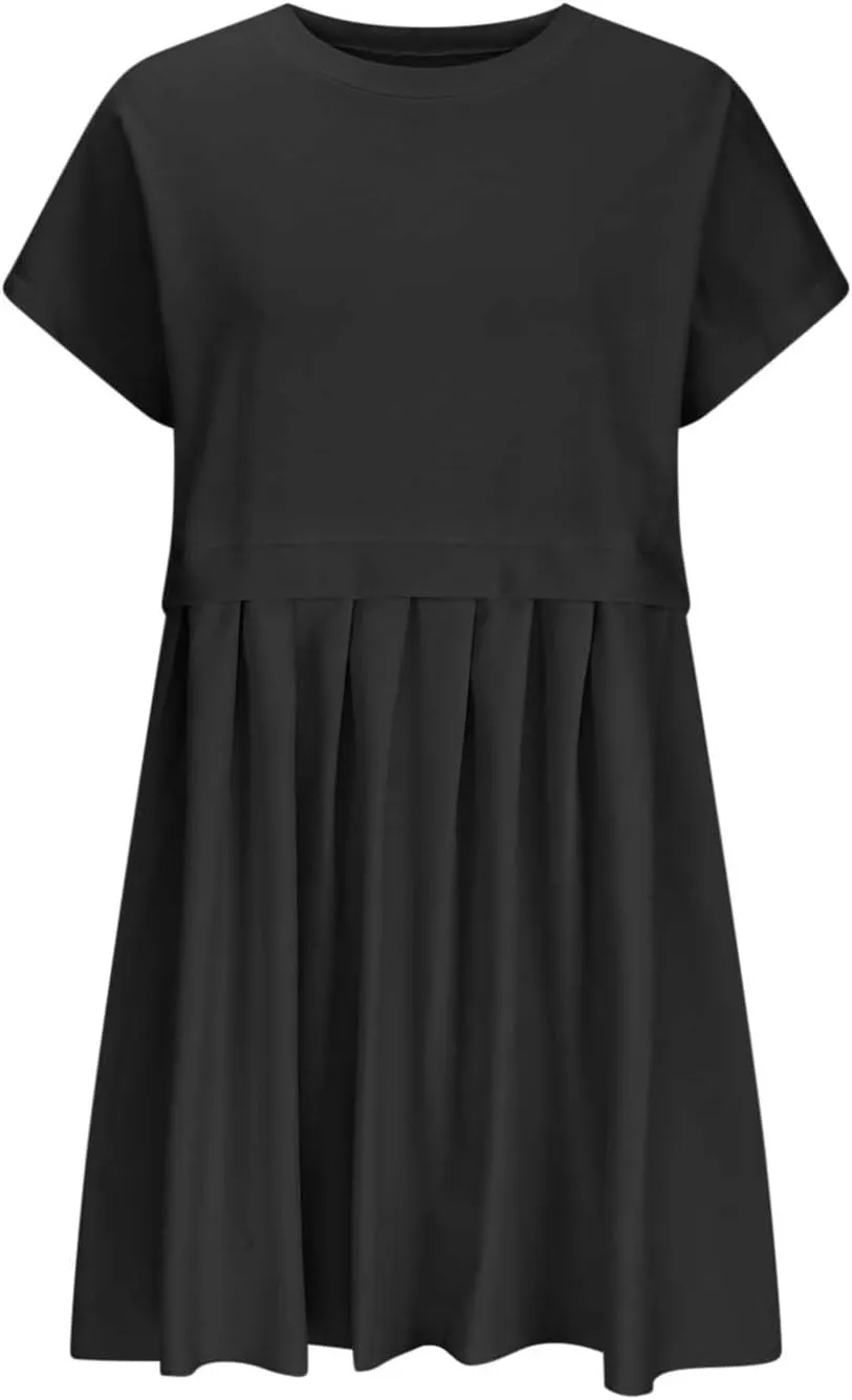 Womens Solid Cute Pleated Dress Patchwork Casual Short Sleeve Blouse Loose Oversized Summer Mini Dress Shirt Dress