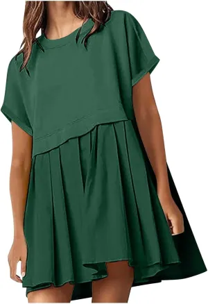 Womens Solid Cute Pleated Dress Patchwork Casual Short Sleeve Blouse Loose Oversized Summer Mini Dress Shirt Dress