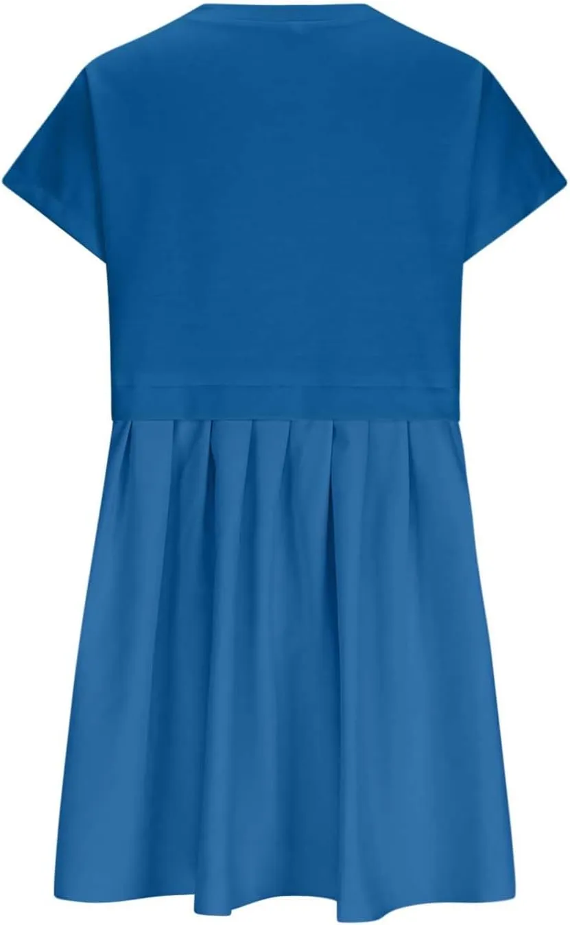 Womens Solid Cute Pleated Dress Patchwork Casual Short Sleeve Blouse Loose Oversized Summer Mini Dress Shirt Dress