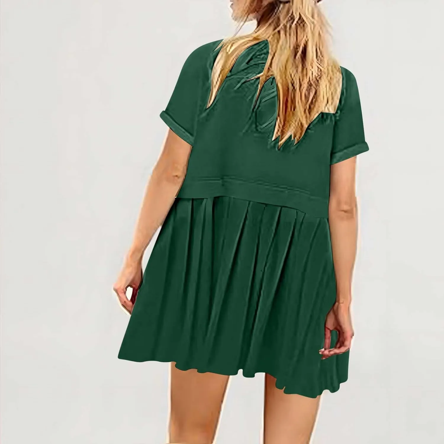 Womens Solid Cute Pleated Dress Patchwork Casual Short Sleeve Blouse Loose Oversized Summer Mini Dress Shirt Dress