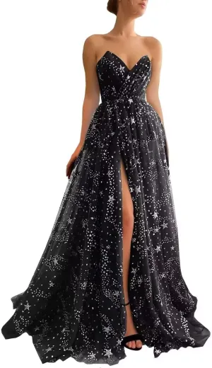 Women's Sparkly Starry V Neck Split Prom Dresses Long Glitter Sequined Tulle Evening Formal Gowns
