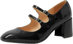 Women's Stylish Closed Round Toe Patent Leather Double Monk-Strap Vintage Low Chunky Heel Dress Mary Jane Pumps Shoes Black Size 8.5