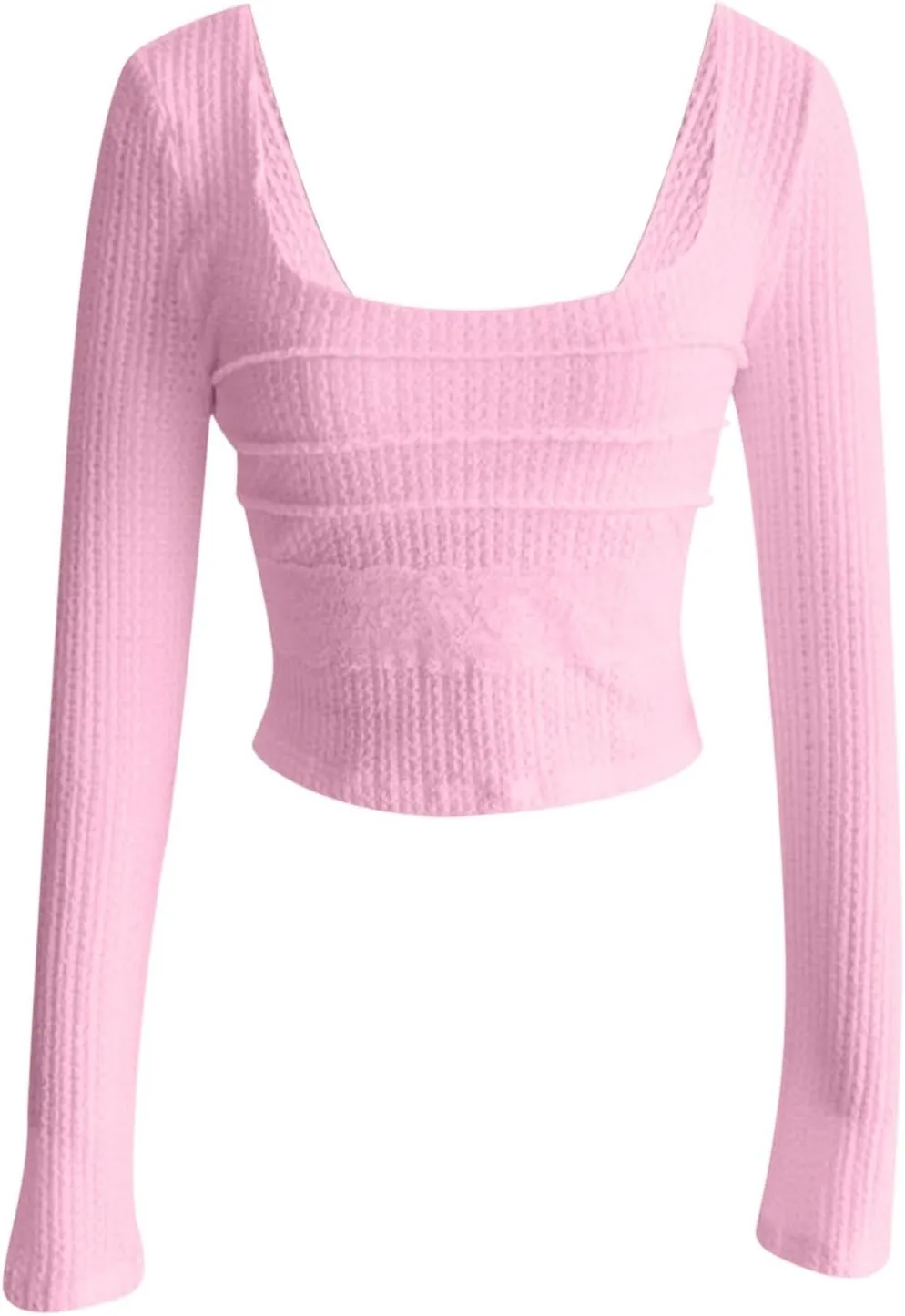 Women's Summer Knitted Long Sleeve T Shirts Solid Color Square Neck Lace Patchwork Tops Slim Fit Y2k Streetwear Shirt