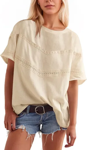 Womens Summer Lace Patchwork Tops Oversized Crew Neck Short Sleeve Shirts Casual Cotton Boho Blouses Basic Outfits