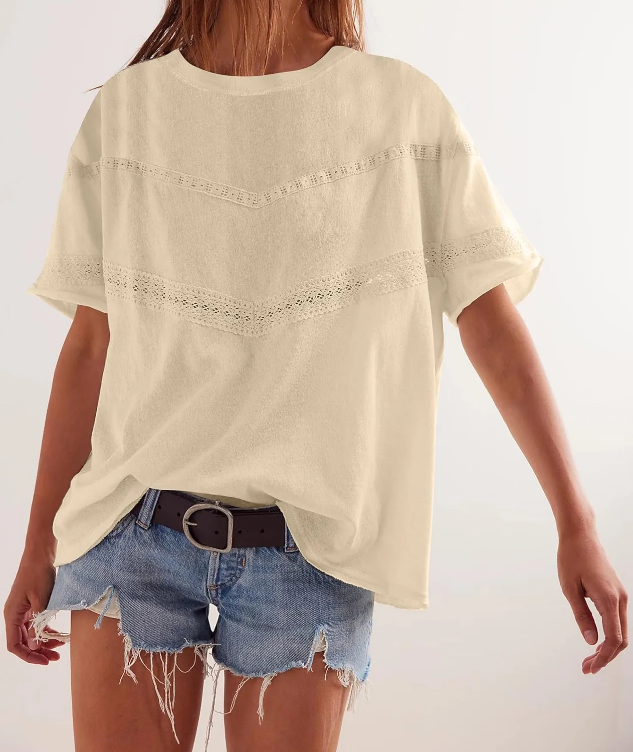 Womens Summer Lace Patchwork Tops Oversized Crew Neck Short Sleeve Shirts Casual Cotton Boho Blouses Basic Outfits