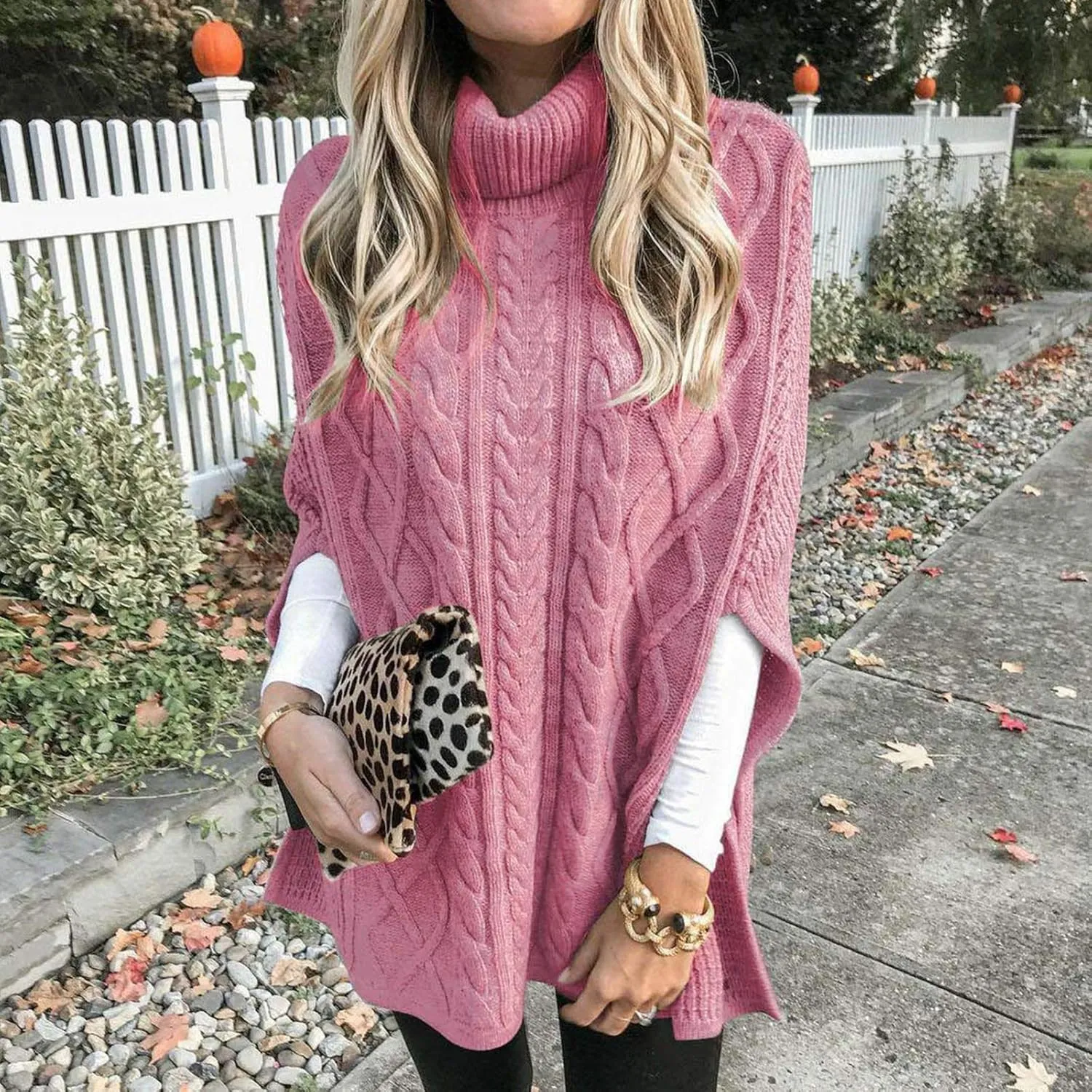 Women's Turtleneck Sweaters Chunky Cable Knit Pullover 2023 Fall Fashion Side Slit Poncho Sweater Shawl Top