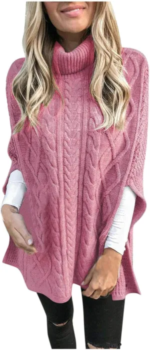 Women's Turtleneck Sweaters Chunky Cable Knit Pullover 2023 Fall Fashion Side Slit Poncho Sweater Shawl Top