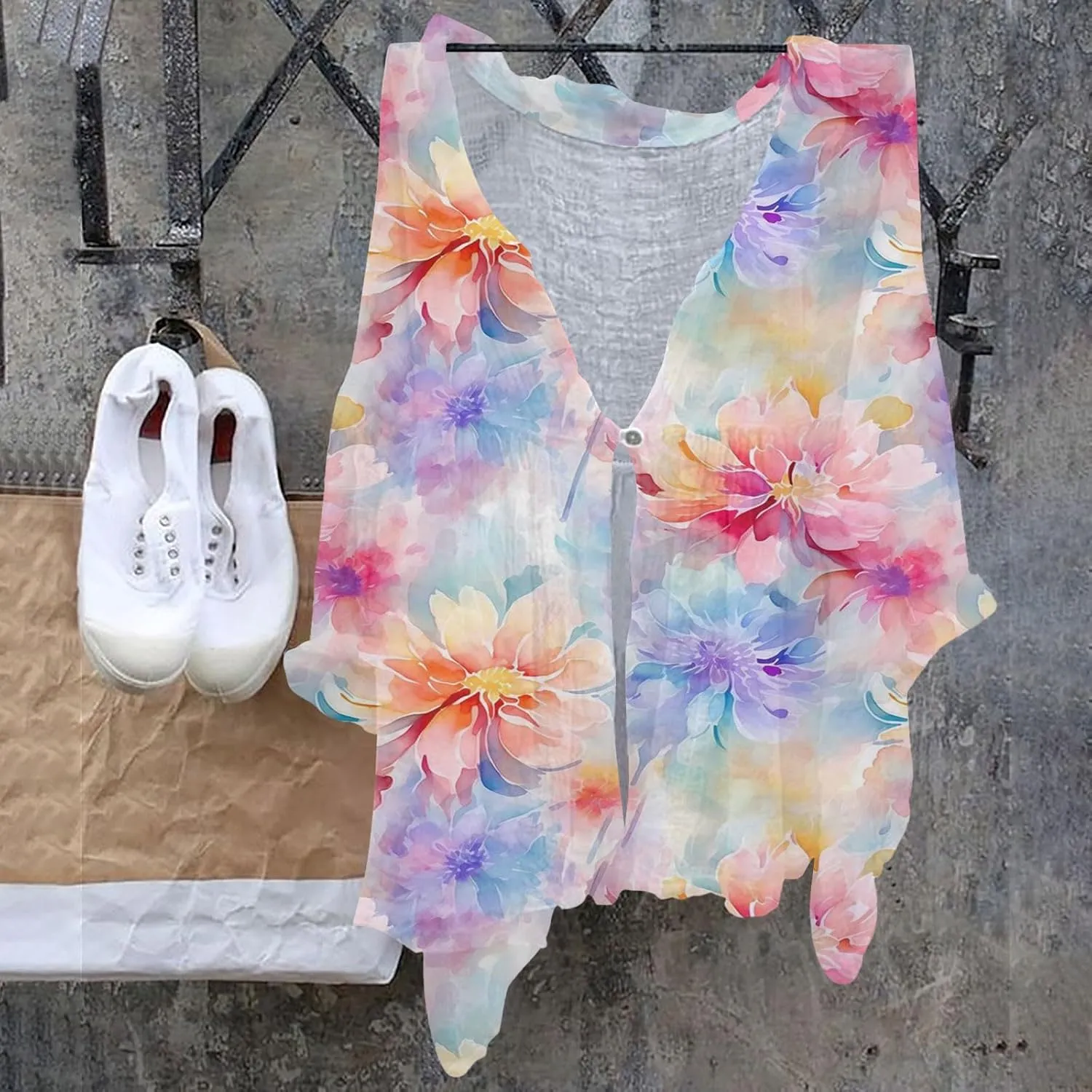 Womens V Neck Blouses Tops Women's Floral Butterfly Print Natural Autumn Casual Long Sleeve Loose Fit Collared White