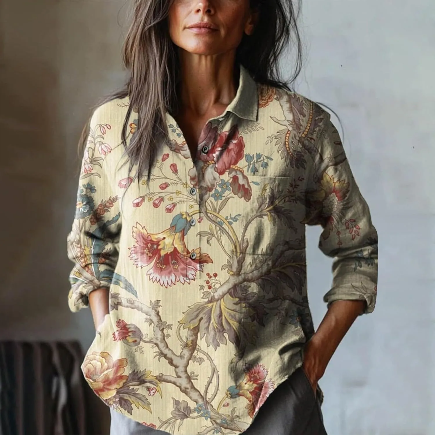 Womens V Neck Blouses Tops Women's Floral Butterfly Print Natural Autumn Casual Long Sleeve Loose Fit Collared White