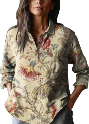 Womens V Neck Blouses Tops Women's Floral Butterfly Print Natural Autumn Casual Long Sleeve Loose Fit Collared White