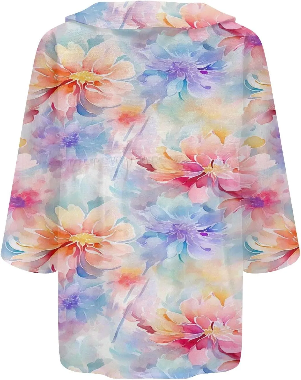 Womens V Neck Blouses Tops Women's Floral Butterfly Print Natural Autumn Casual Long Sleeve Loose Fit Collared White