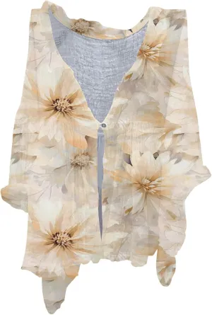 Womens V Neck Blouses Tops Women's Floral Butterfly Print Natural Autumn Casual Long Sleeve Loose Fit Collared White