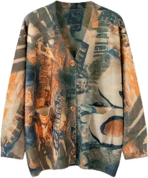 Women’s V Neck Oversized Cat Print Cardigan, Boho Patchwork Knit Sweater Long Sleeve Button Front with Pockets