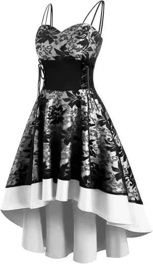 Women’s Vintage Steampunk Dress Spaghetti Strap Bandage Dresses Floral Lace High Low Dress Lolita Halloween Costumes