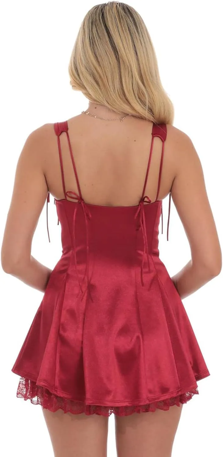 Women's Y2k Corset Mini Dress Cute Bow Lace Patchwork Sleeveless Low Cut A-Line Wedding Graduation Party Short Dress