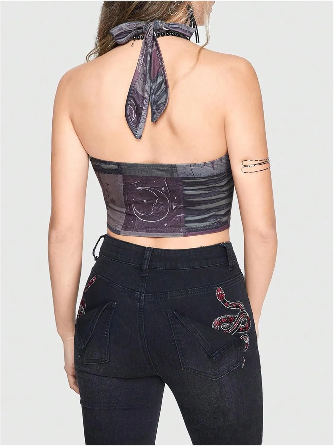 Women's Y2K Graphic Tie Backless Halter Top Slim Fit Sleeveless Camisole Crop Tops Going Out Outfits