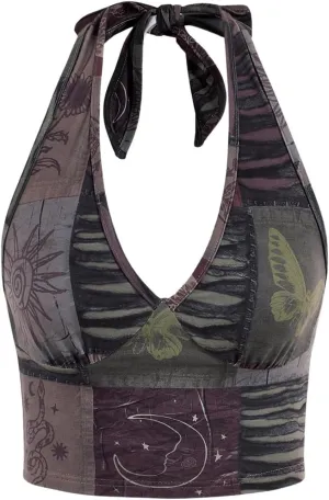 Women's Y2K Graphic Tie Backless Halter Top Slim Fit Sleeveless Camisole Crop Tops Going Out Outfits