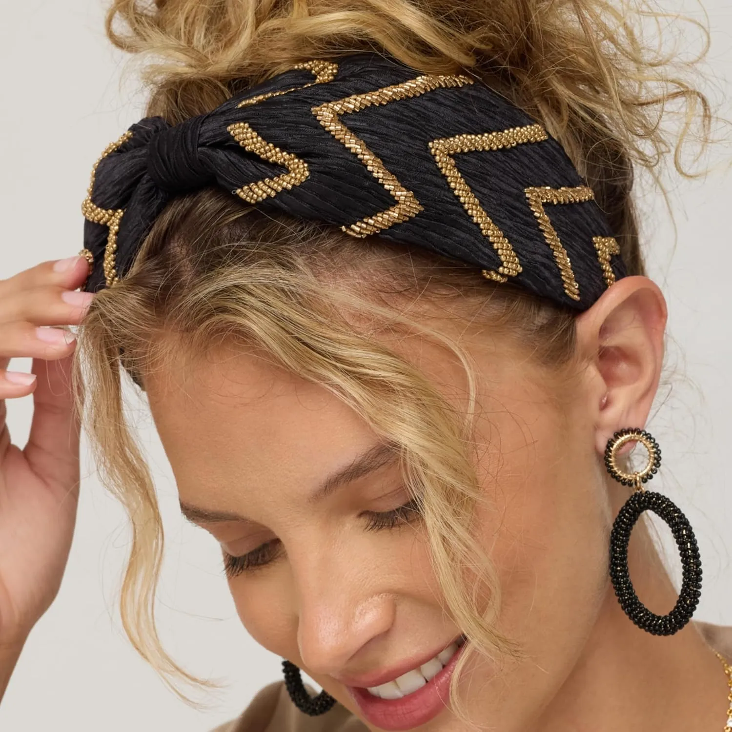 Women's Zig Zag Crinkle Satin Headband, Handmade, Black