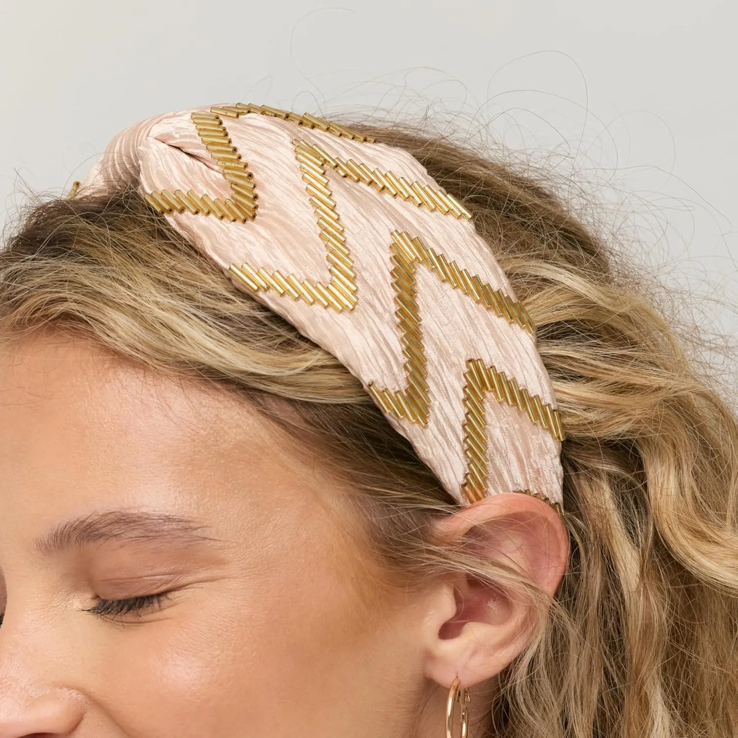 Women's Zig Zag Crinkle Satin Headband, Handmade, Cream