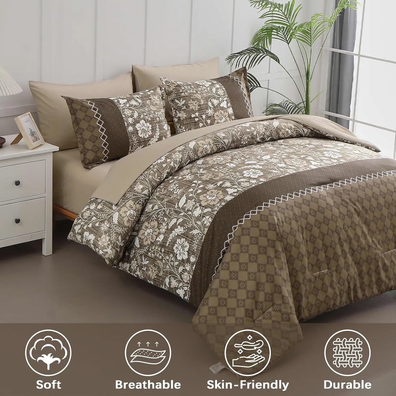 WONGS BEDDING Brown Comforter Set Queen, 7 Pieces Bed in a Bag Floral Patchwork Soft Microfiber Queen Sheet Set with Comforter, Flat Sheet, Fitted Sheet, Pillow Shams,Pillowcases
