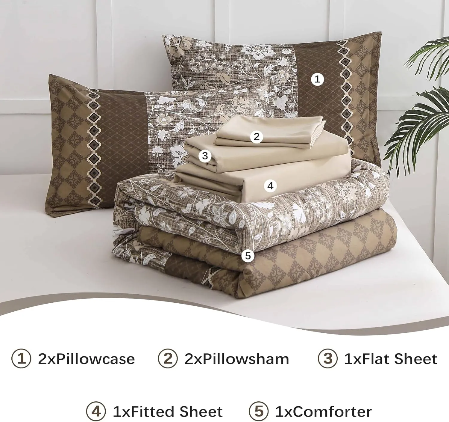WONGS BEDDING Brown Comforter Set Queen, 7 Pieces Bed in a Bag Floral Patchwork Soft Microfiber Queen Sheet Set with Comforter, Flat Sheet, Fitted Sheet, Pillow Shams,Pillowcases