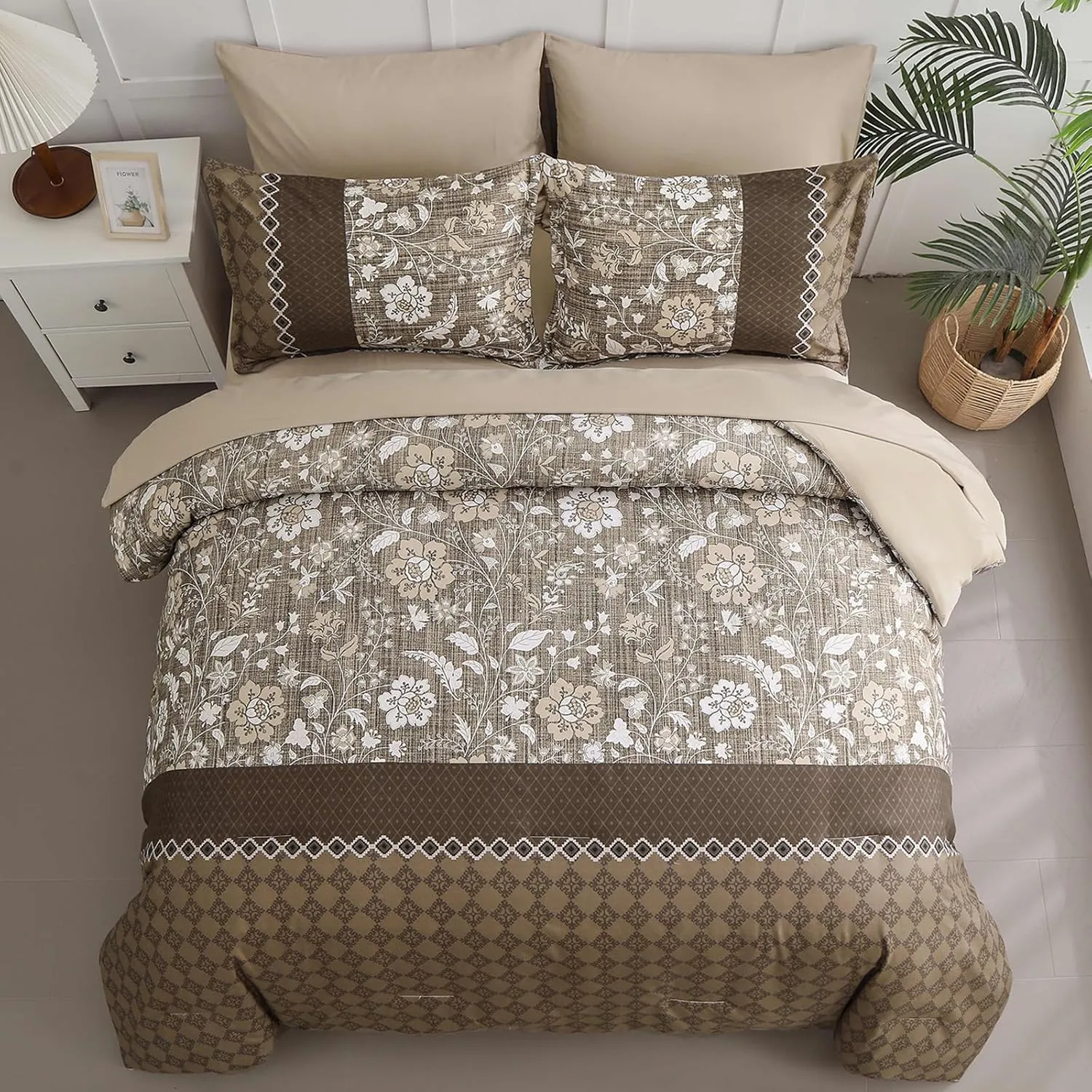 WONGS BEDDING Brown Comforter Set Queen, 7 Pieces Bed in a Bag Floral Patchwork Soft Microfiber Queen Sheet Set with Comforter, Flat Sheet, Fitted Sheet, Pillow Shams,Pillowcases