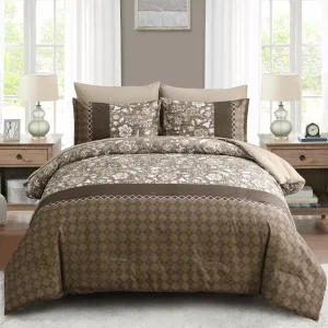 WONGS BEDDING Brown Comforter Set Queen, 7 Pieces Bed in a Bag Floral Patchwork Soft Microfiber Queen Sheet Set with Comforter, Flat Sheet, Fitted Sheet, Pillow Shams,Pillowcases