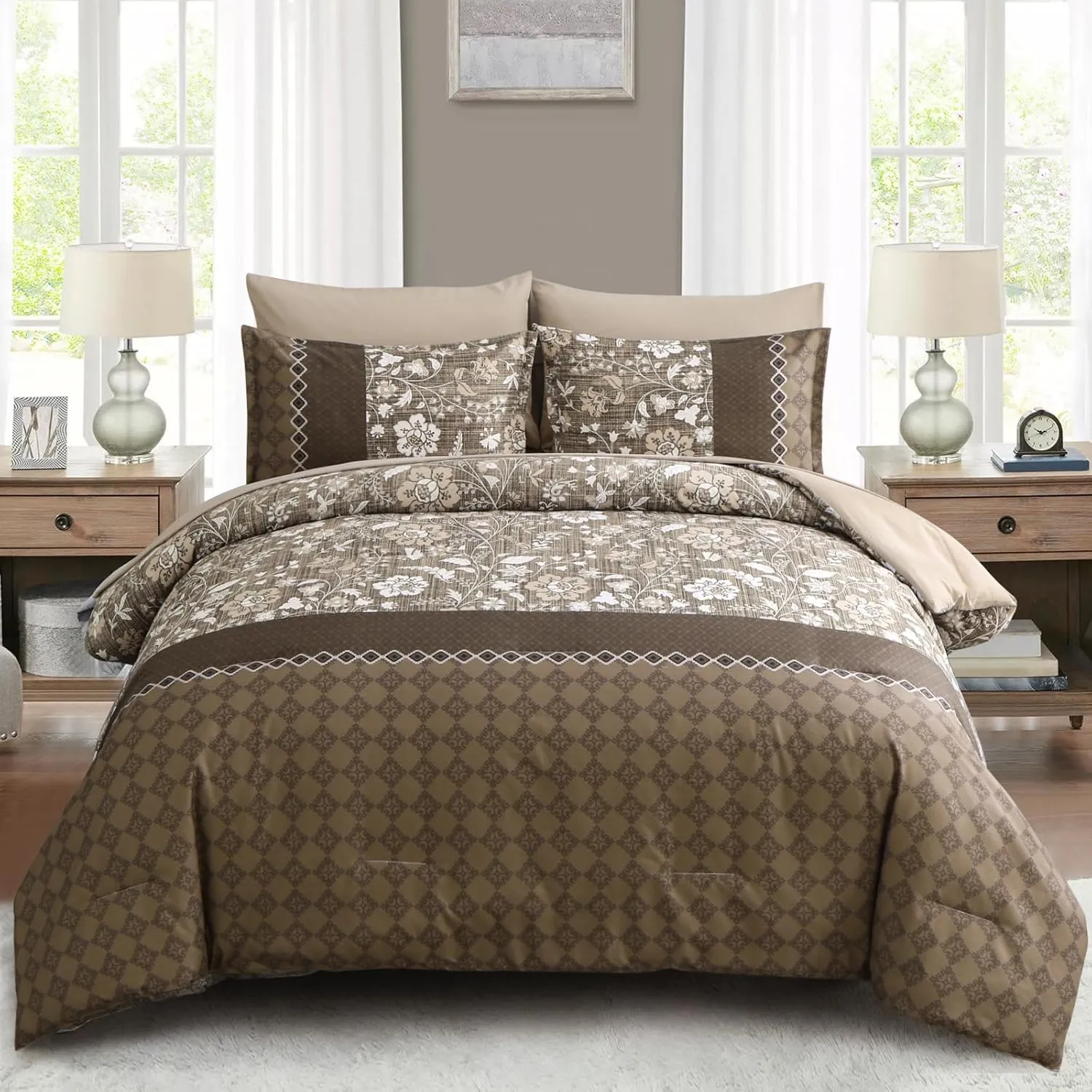 WONGS BEDDING Brown Comforter Set Queen, 7 Pieces Bed in a Bag Floral Patchwork Soft Microfiber Queen Sheet Set with Comforter, Flat Sheet, Fitted Sheet, Pillow Shams,Pillowcases