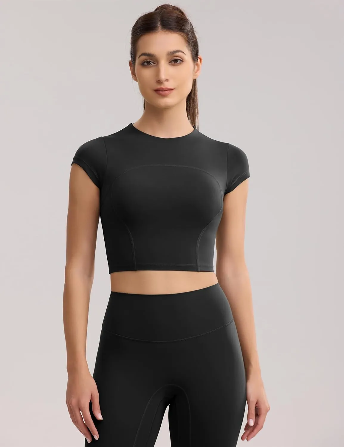 Workout Crop Tops for Women Yoga Short Sleeve Mild Support Slim Fit Cropped Athletic Shirts Gym Tee Built in Bra