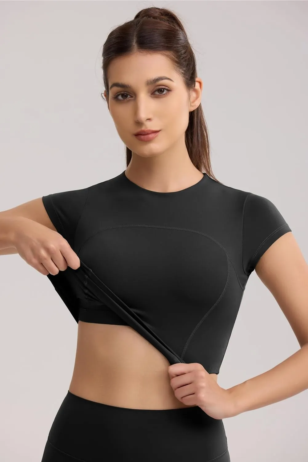 Workout Crop Tops for Women Yoga Short Sleeve Mild Support Slim Fit Cropped Athletic Shirts Gym Tee Built in Bra