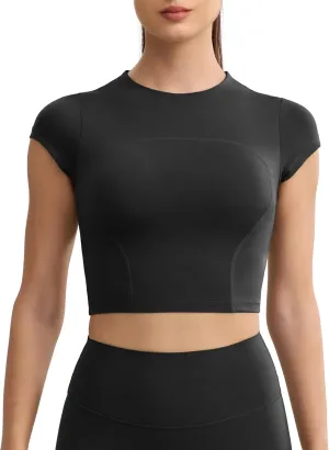 Workout Crop Tops for Women Yoga Short Sleeve Mild Support Slim Fit Cropped Athletic Shirts Gym Tee Built in Bra