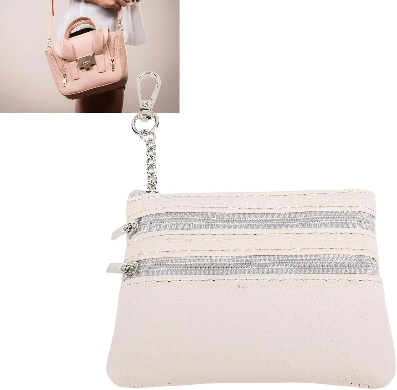 Wrist Strap Purse PU Multiple Compartments Wristlet Bag for Travel and Work (Rice White Bag Multicolored Strip)