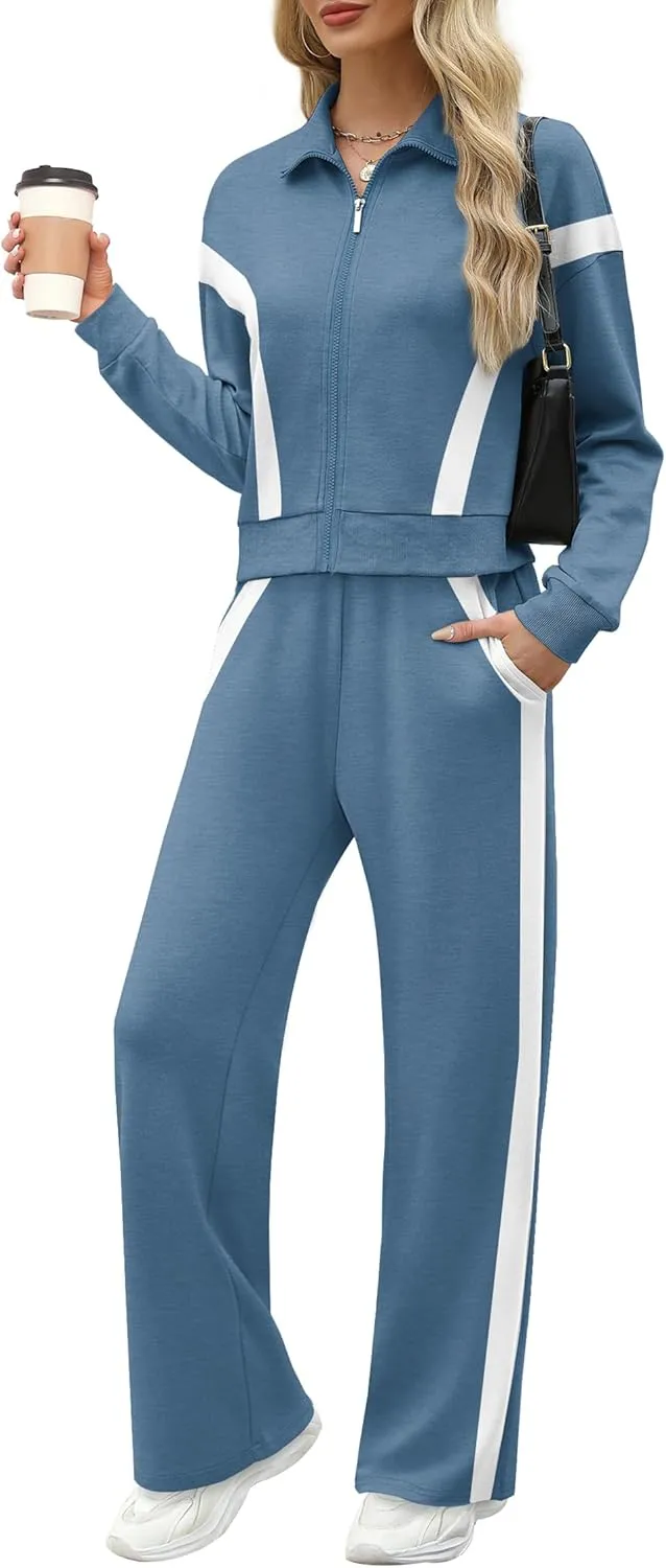 XIEERDUO Lounge Sets for Women 2025 Sweatsuit 2 Piece Outfits Sweatshirt Wide Leg Sweatpant Tracksuit Matching Set