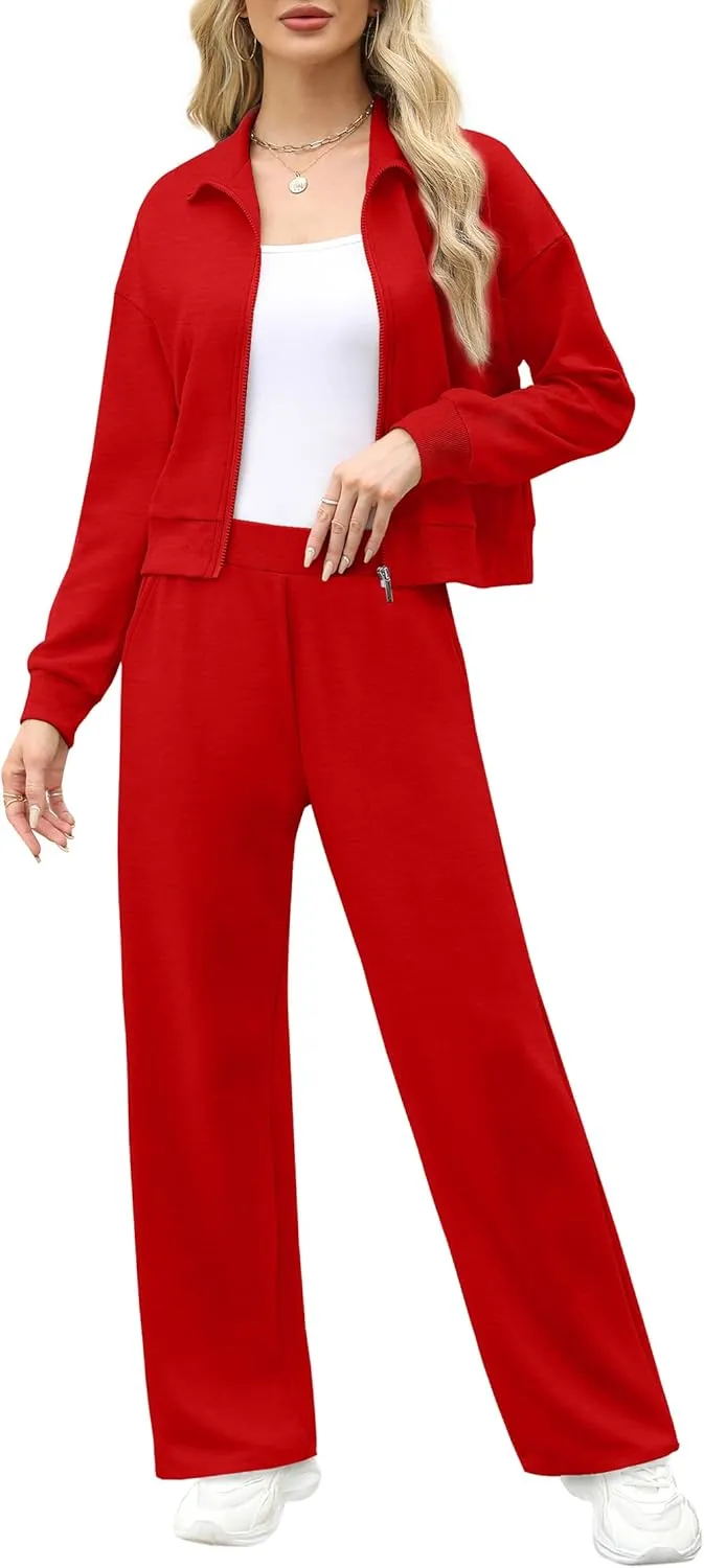 XIEERDUO Lounge Sets for Women 2025 Sweatsuit 2 Piece Outfits Sweatshirt Wide Leg Sweatpant Tracksuit Matching Set