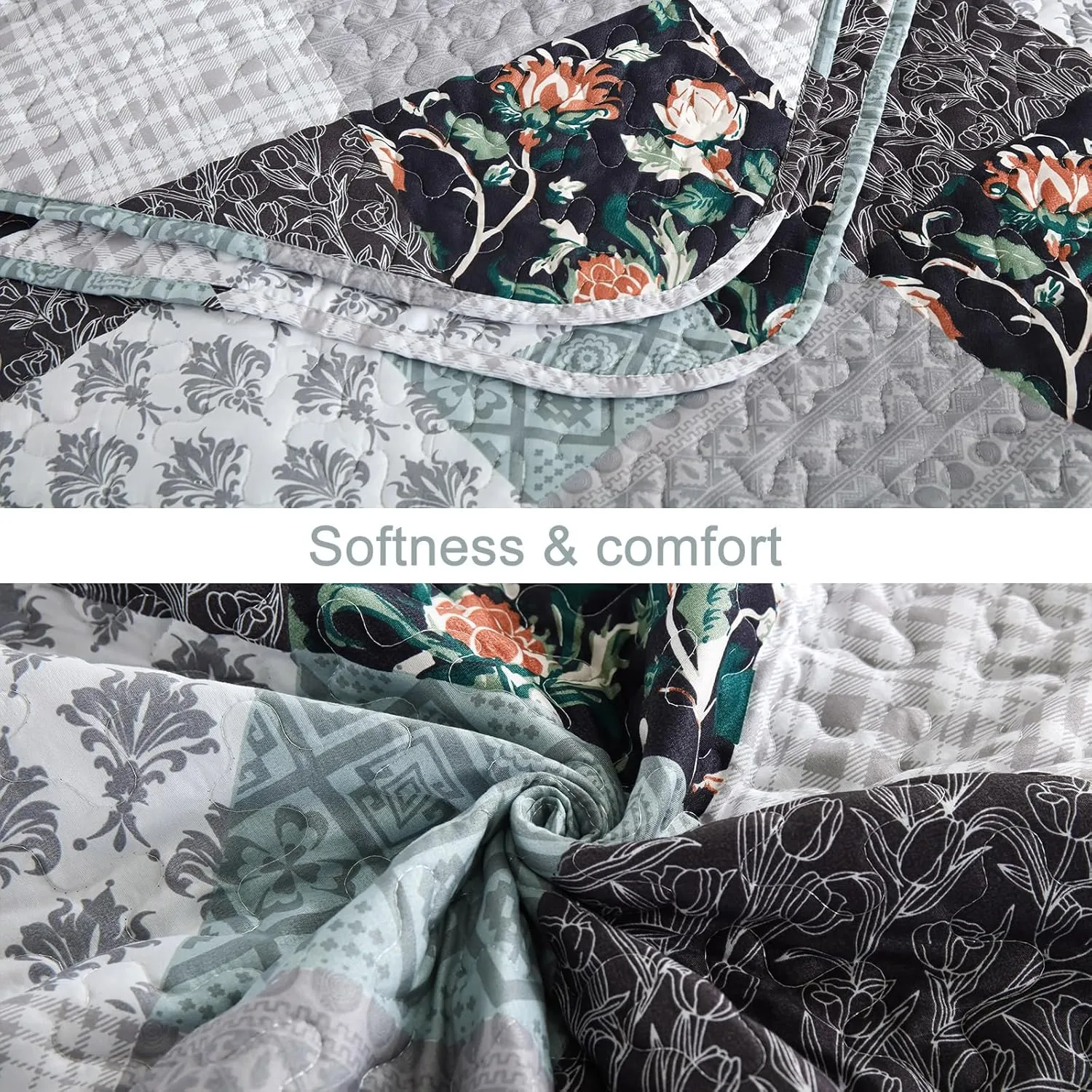 Xruibed Floral Plaid Patchwork Quilt Set King Size 3 Pieces Blue Gray Bedspread Set Reversible Quilt Bedding Set Microfiber Bedding Bedspread Coverlet Set for All Season(King,104"X90")