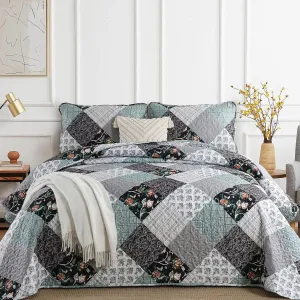 Xruibed Floral Plaid Patchwork Quilt Set King Size 3 Pieces Blue Gray Bedspread Set Reversible Quilt Bedding Set Microfiber Bedding Bedspread Coverlet Set for All Season(King,104"X90")