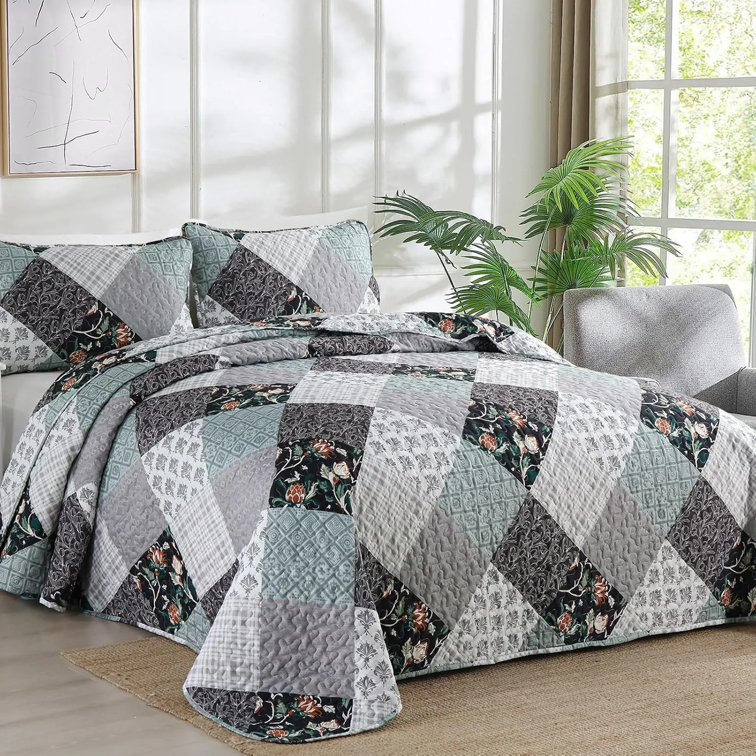Xruibed Floral Plaid Patchwork Quilt Set King Size 3 Pieces Blue Gray Bedspread Set Reversible Quilt Bedding Set Microfiber Bedding Bedspread Coverlet Set for All Season(King,104"X90")