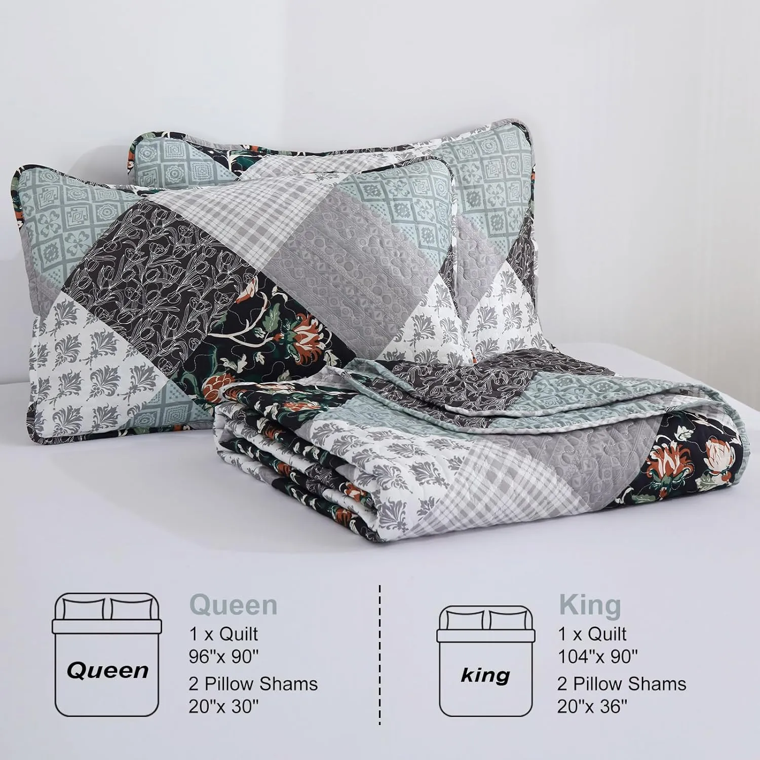 Xruibed Floral Plaid Patchwork Quilt Set King Size 3 Pieces Blue Gray Bedspread Set Reversible Quilt Bedding Set Microfiber Bedding Bedspread Coverlet Set for All Season(King,104"X90")