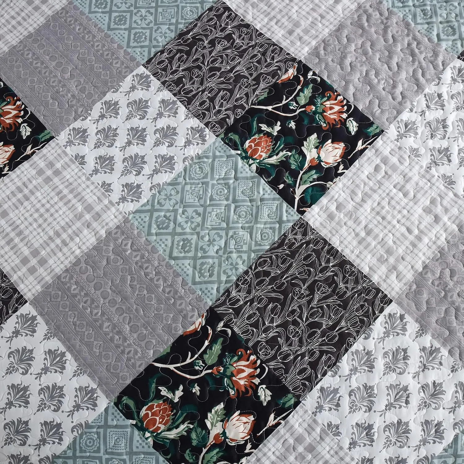 Xruibed Floral Plaid Patchwork Quilt Set King Size 3 Pieces Blue Gray Bedspread Set Reversible Quilt Bedding Set Microfiber Bedding Bedspread Coverlet Set for All Season(King,104"X90")