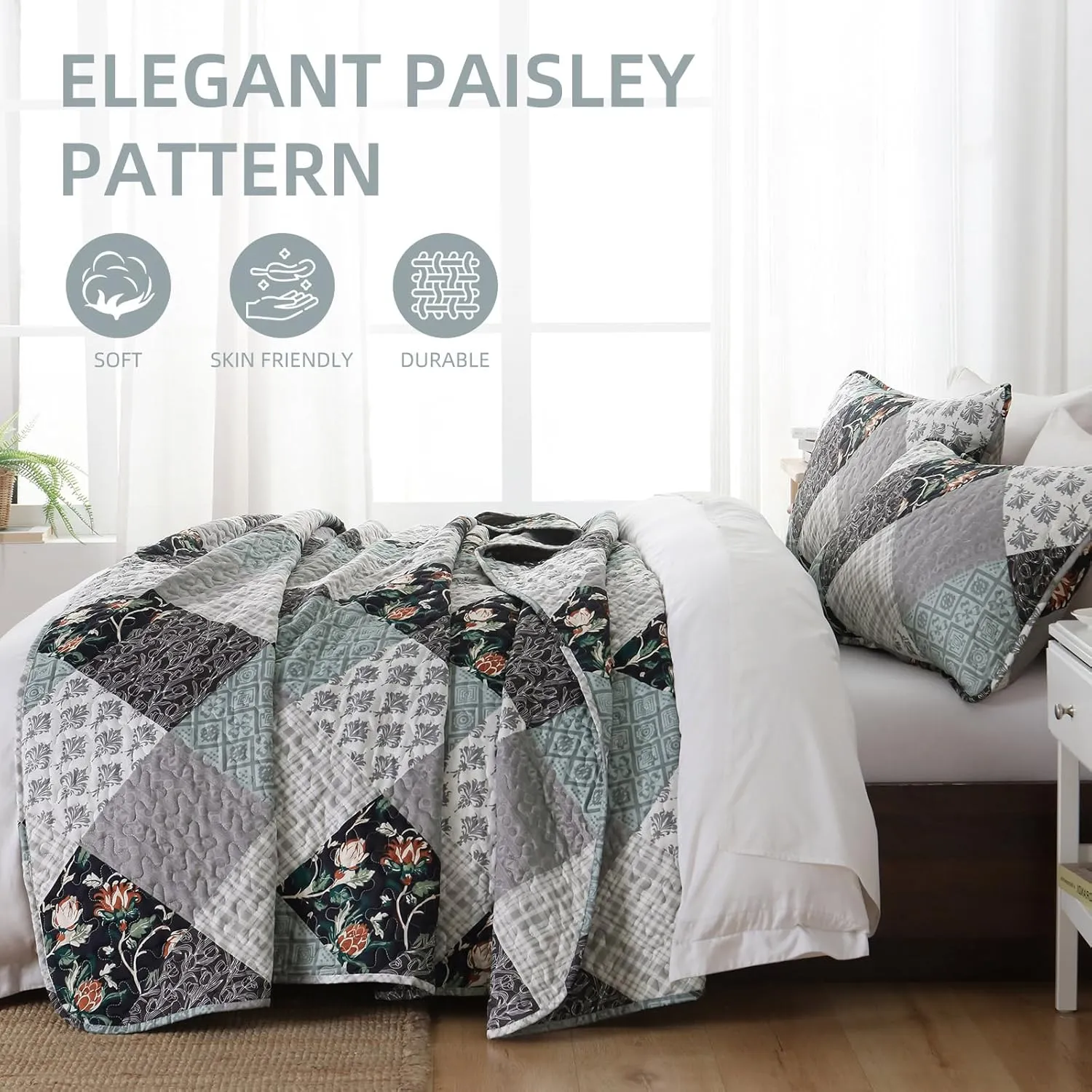 Xruibed Floral Plaid Patchwork Quilt Set King Size 3 Pieces Blue Gray Bedspread Set Reversible Quilt Bedding Set Microfiber Bedding Bedspread Coverlet Set for All Season(King,104"X90")