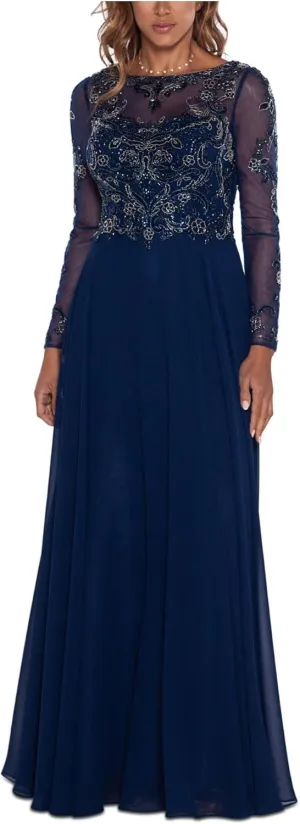 Xscape Long Sleeve Long Chiffon Skirt with Bead Top