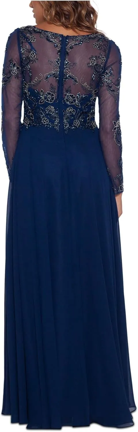Xscape Long Sleeve Long Chiffon Skirt with Bead Top