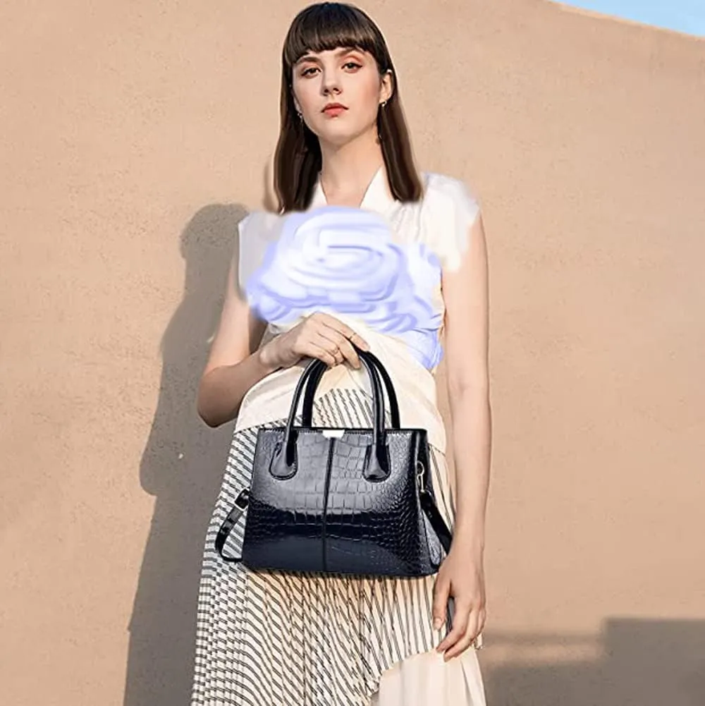 XXGJOALD-Women Handbags Classic Top Handle Purse Shiny Patent Leather Crocodile Pattern Totes Stylish Satchel Shoulder Bag