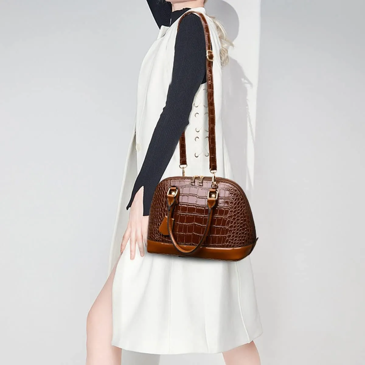 XXGJOALD-Women's Patent Leather Totes Elegant Handbag Crocodile Pattern Top Handle Purse Shell Shoulder Bag Black