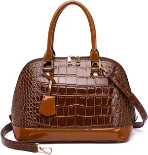 XXGJOALD-Women's Patent Leather Totes Elegant Handbag Crocodile Pattern Top Handle Purse Shell Shoulder Bag Black