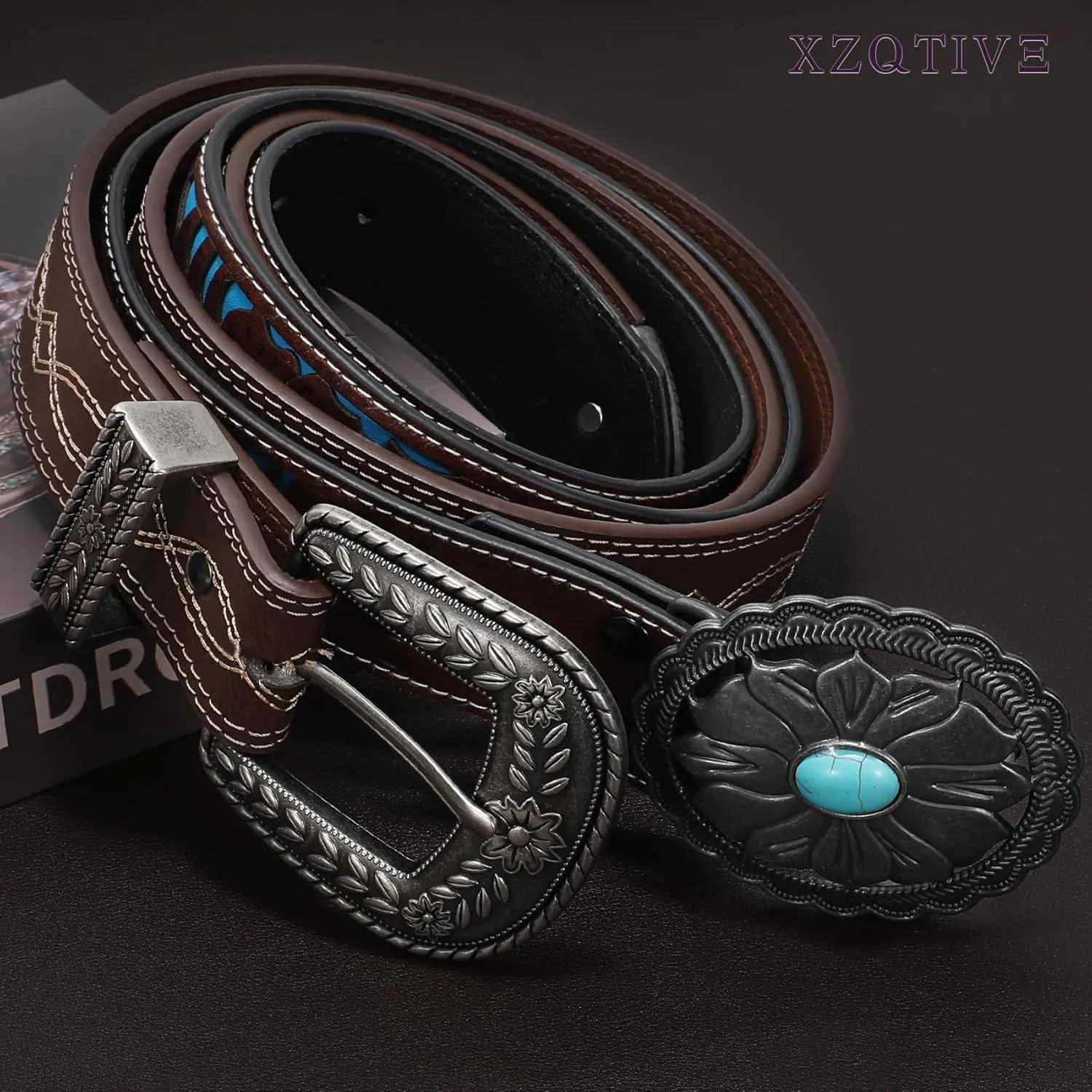 XZQTIVE Women Men Genuine Leather Belt Vintage Ladies Western Belt Engraved Tooled Leather Belt Cowboy Cowgirl Country Belt