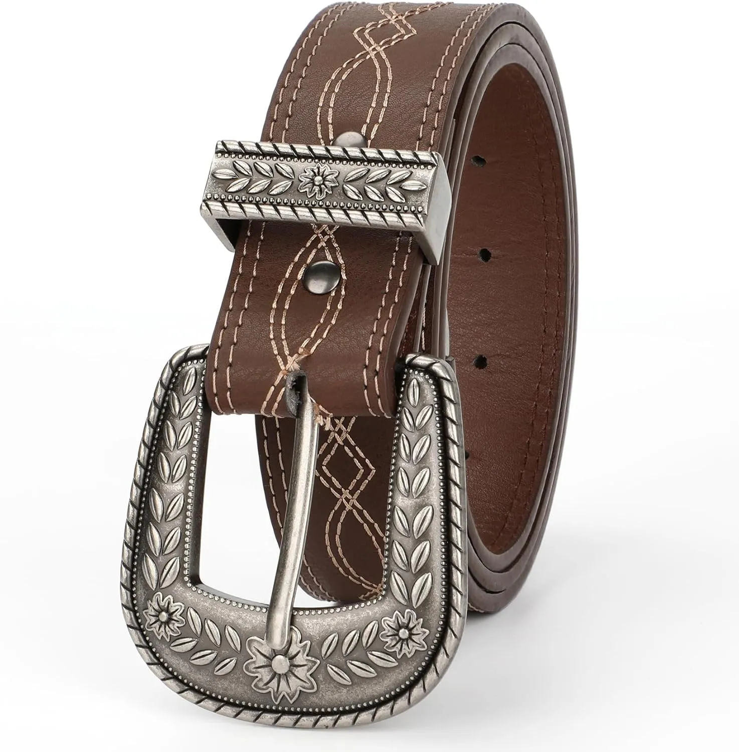 XZQTIVE Women Men Genuine Leather Belt Vintage Ladies Western Belt Engraved Tooled Leather Belt Cowboy Cowgirl Country Belt
