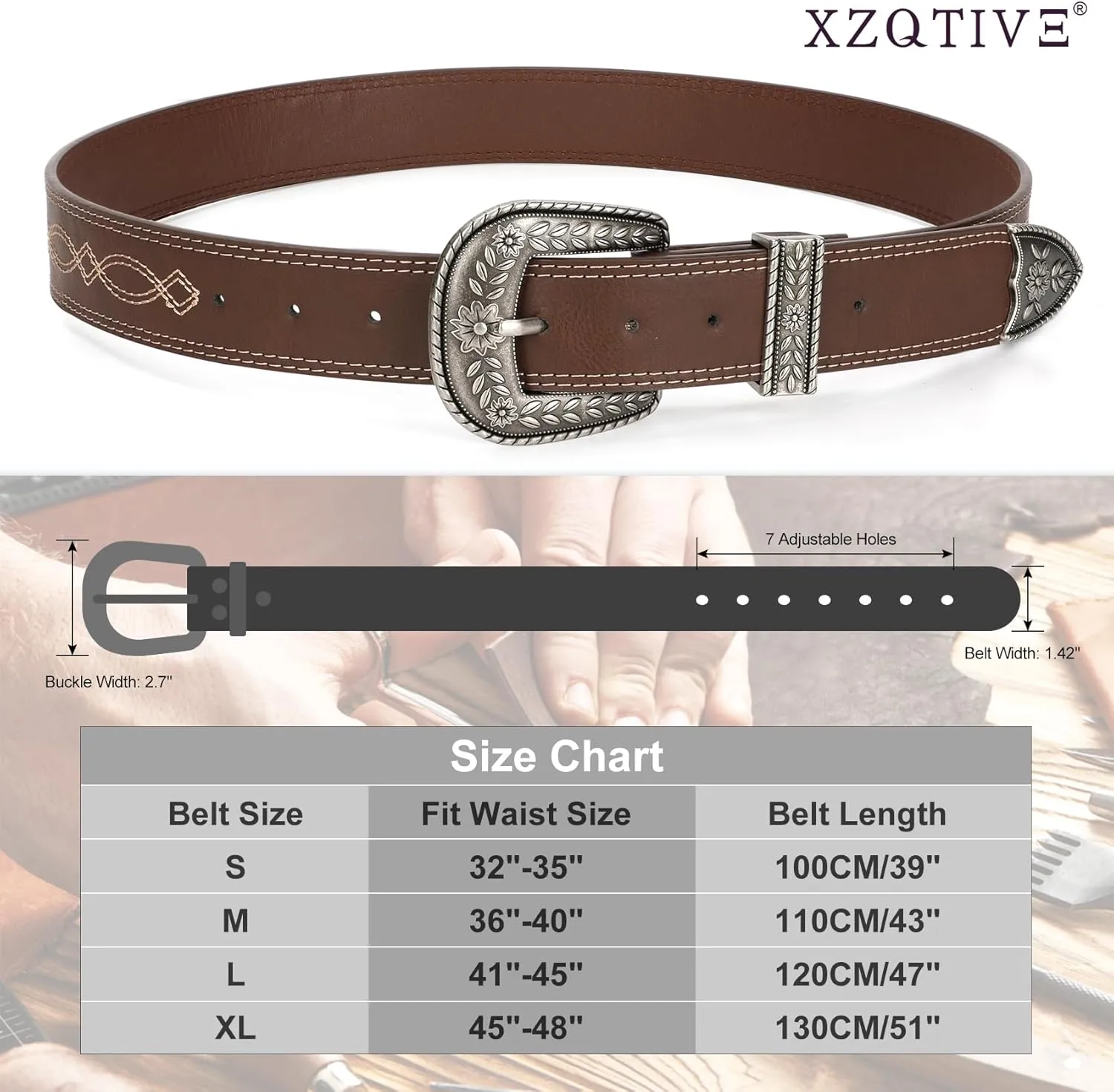 XZQTIVE Women Men Genuine Leather Belt Vintage Ladies Western Belt Engraved Tooled Leather Belt Cowboy Cowgirl Country Belt