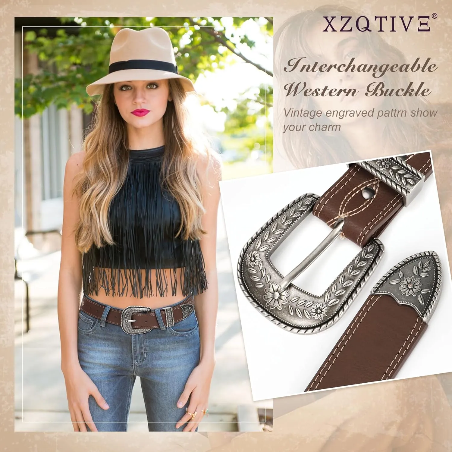 XZQTIVE Women Men Genuine Leather Belt Vintage Ladies Western Belt Engraved Tooled Leather Belt Cowboy Cowgirl Country Belt